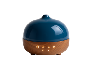 azul esencial petróleo difusor con de madera base aislado en transparente antecedentes png