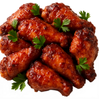 würzig gegrillt Hähnchen Flügel mit Soße und Petersilie Garnierung auf transparent Hintergrund png