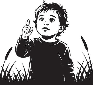 Curious Child Pointing Upward with Determination and Wonder in a Field Art vector