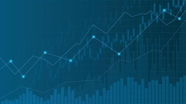 resumen financiero antecedentes presentando brillante azul comercio gráfico con candelero grafico, barras y líneas, ideal para negocio Finanzas presentaciones y digital diseños vector
