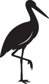 Elegant minimalist silhouette of a stork standing gracefully on one leg with its beak pointed forward against a clean white background for design projects vector