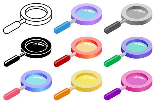 Isometric magnifying glass illustrations set with gray, outline, flat and different color variations. vector