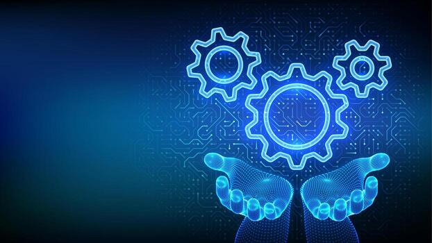 Digital gears and hands representing technology vector