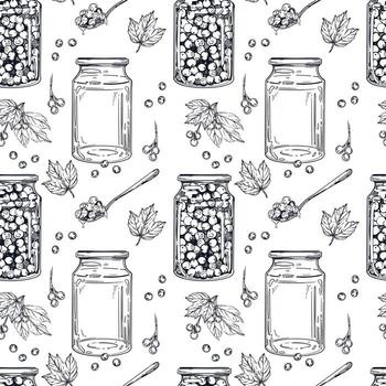 Seamless pattern from blanks, jam in jars, viburnum berries, leaves, spoons with jam. All objects are hand-drawn with ink. Illustration is suitable for printing on paper, fabric, for design. vector