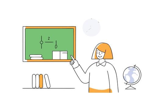 A woman is standing in front of a chalkboard with a globe on it vector