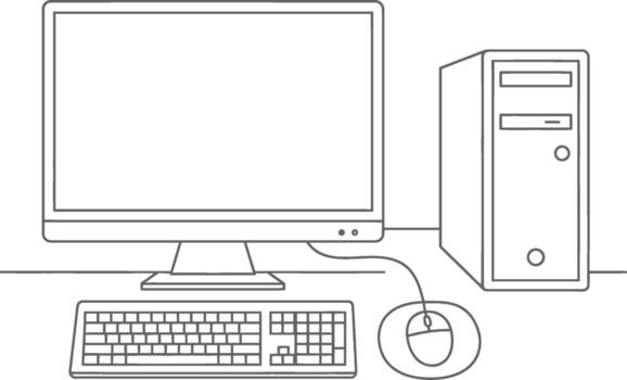 Minimalist Line Art Computer Setup Desktop Illustration on White Background vector