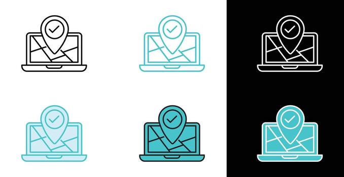 Laptop with location pin for navigation and mapping icon in line and fill style vector