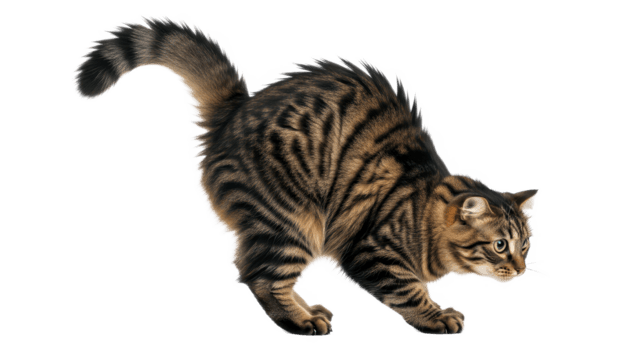 un mettere in guardia e impaurito Marrone soriano gatto mostrando un' classico difensiva reazione con un arcuato indietro e gonfiato coda, isolato su un' nullo sfondo png