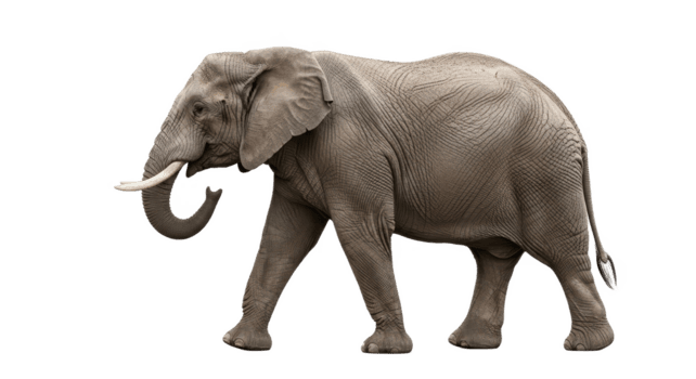A full-length, side view of a majestic African elephant walking with its trunk swaying gently, isolated on a transparent background for versatile use png