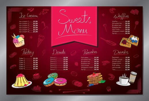 Sweets Menu Card with Purple Gradient Background vector