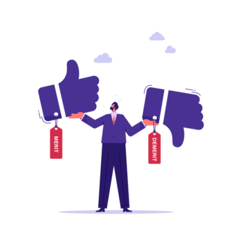 Demerit and merit evaluation concept, advantage and disadvantage in comparison, businessman who is troubled by weighing the advantages and disadvantages png