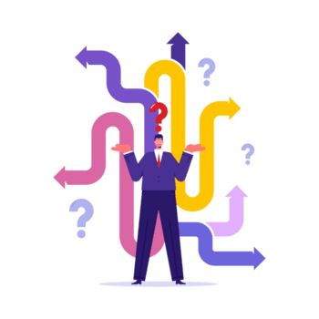 Work direction or choose the right way to success concept, business decision making, career path, confusing businessman looking at crossroad sign with question mark and think which way to go png