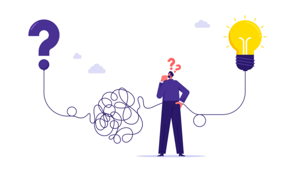 probleem oplossen vaardigheid, antwoord naar moeilijk vraag of creativiteit idee en innovatie helpen bedrijf succes, creativiteit of verbeelding, zakenman vind een manier naar aansluiten vraag Mark naar gloeilamp oplossing png