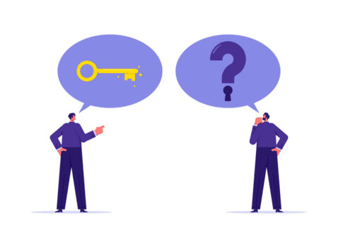 sleutel naar ontgrendelen antwoord voor probleem en vragen concept, oplossing oplossen probleem, zakenman met een sleutel opent een sleutelgat Bij een vraag Mark png
