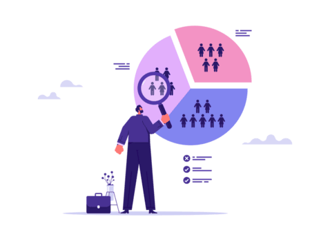 cliente segmento analisi per marketing o pubblicità concetto, bersaglio pubblico, consumatore o utente gruppo, uomo d'affari analizzando cliente segmento torta grafico png