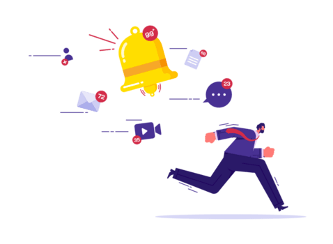 online bericht geluid, afzet Duwen meldingen, ergeren meldingen verontrustend knal omhoog, zakenman rennen weg van notities, e-mail en rinkelen klok meldingen png