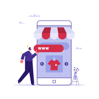 comercio electrónico o en línea Tienda concepto, agregando en línea almacenar, colocación de en línea tienda dominio DIRECCIÓN, escaparate creación en el pantalla de un móvil dispositivo png