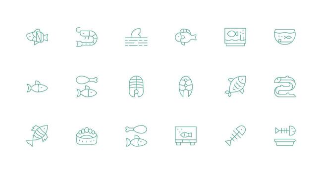 Fish Icon Set with 18 Minimal Line Graphics Multi-Style Icons for Creative Projects vector