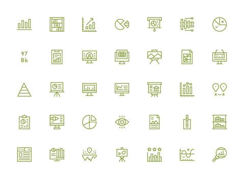 datos visualización icono conjunto con 35 regular limpiar línea gráficos multi-estilo íconos para creativo proyectos vector