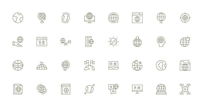 32 Thin Line Vectors for Internationalization Theme Core Icon Collection for Daily Tasks