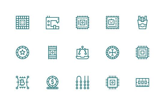 Chip Design Icons featuring 15 in Regular Line Style Icon Set vector