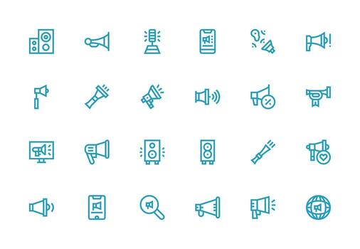 24 grueso línea línea íconos para altoparlante gráficos reutilizable icono conjunto vector