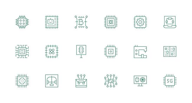 Processor Icon Set with 18 Minimal Line Graphics Design Icon Pack vector