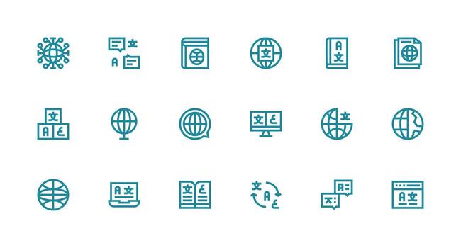 Multilingual Design Icons featuring 18 in Strong Stroke Line Style Complete Icon Bundle for Web Design vector