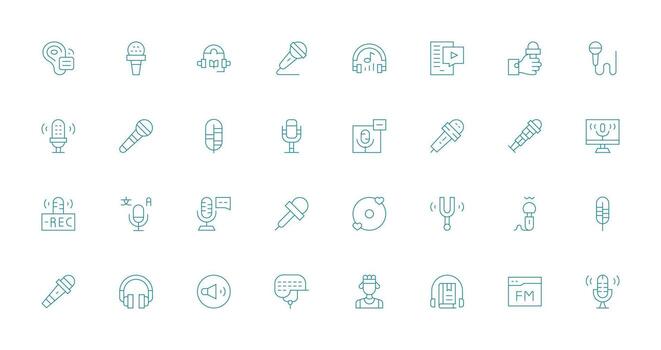podcast icono colección con 32 Delgado línea diseños flexible icono sistema para web interfaces vector