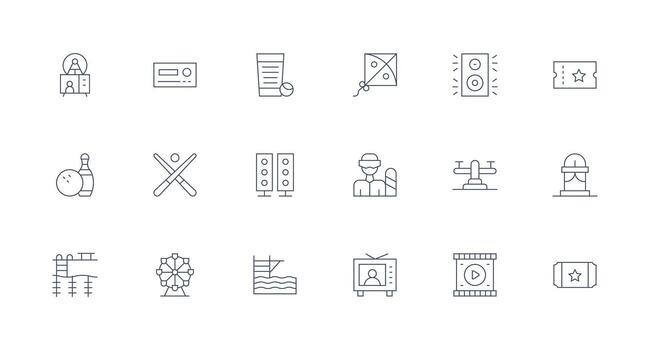 entretenimiento diseño íconos presentando 18 en mínimo línea estilo píxel Perfecto íconos para moderno aplicaciones vector