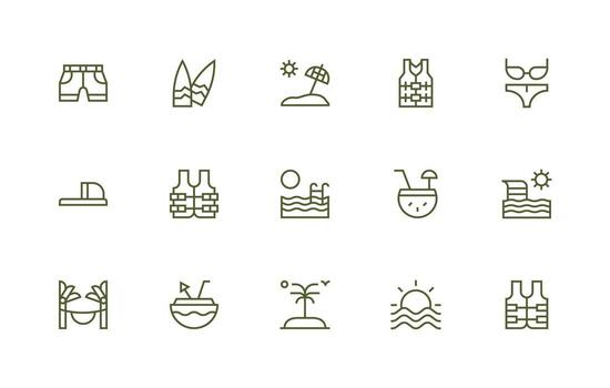 playa conjunto con 15 regular línea íconos listo para la interfaz de usuario icono colección vector