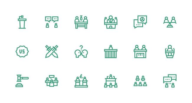 debate presentando 18 íconos en fuerte carrera línea diseño lleno icono biblioteca para ui diseñadores vector