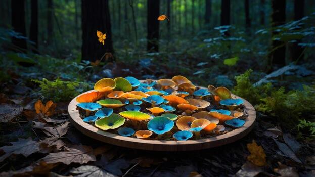 Vibrant array of colorful mushrooms in a serene forest setting, surrounded by autumn leaves and soft light photo