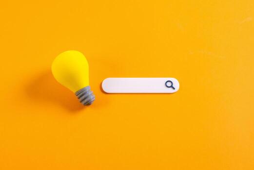 Light bulb idea and search bar. Education and enlightenment. Ask the AI, digital innovation, problem solving, knowledge sharing, creativity boost, smart learning, online inspiration, future technology photo