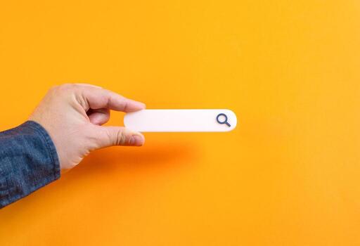 Search line in hand. Use search, digital navigation, online information, search engines, internet queries, knowledge access, AI search tools, data finding, modern technology solutions. photo