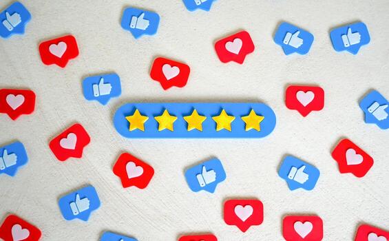 Five stars, likes and shares. Social validation, high ratings, or quality recognition. Customer review metrics in digital marketing. The highest level of recognition. photo