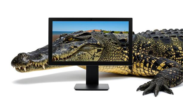 Intriguing concept featuring an alligator with a beach scene reflected in a modern display photo