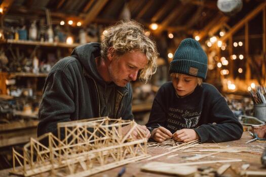A man and boy working on a wooden model photo