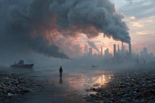 A man standing in front of a polluted river with smoke coming out of the sky photo