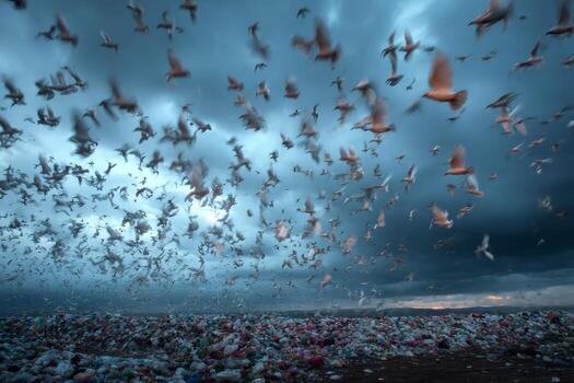 A flock of birds flying over a garbage dump photo