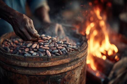 A man is holding a bucket of cocoa beans photo