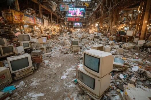 un sucio almacén lleno con antiguo ordenadores y otro electrónica foto