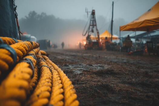 A rope is tied to a tent in the fog photo