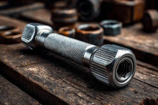 A wrench and a nut on a wooden table photo