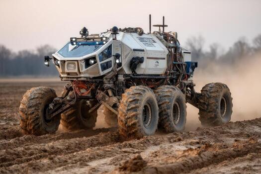 A large vehicle with four wheels driving through a field photo