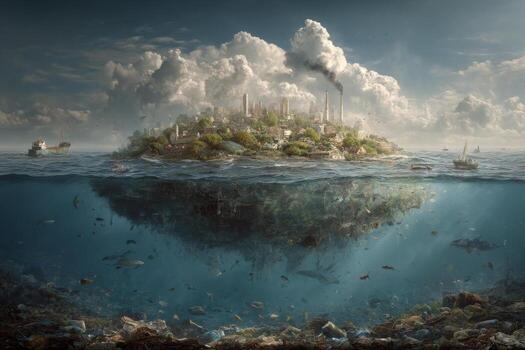 A city floating in the ocean with trash and debris photo