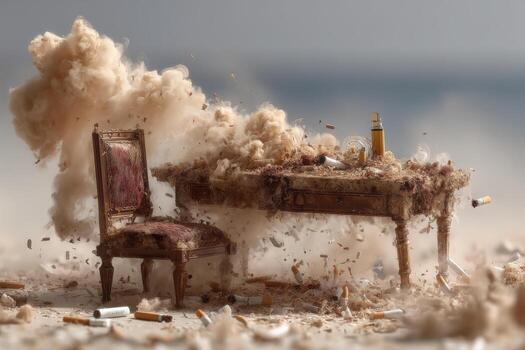 A table with a chair and a bottle of alcohol on it photo
