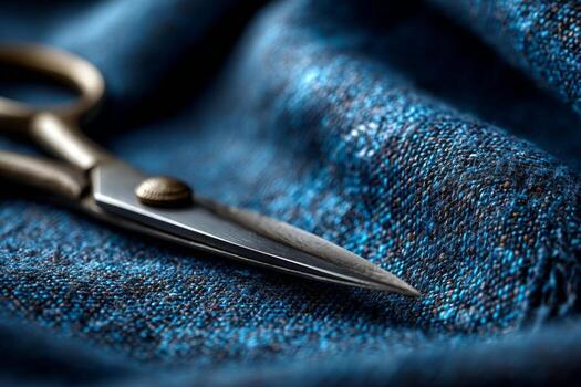 A pair of scissors sitting on a blue cloth photo