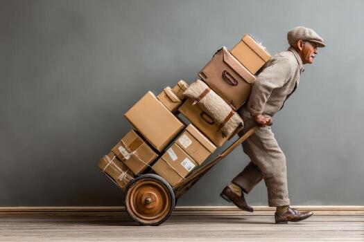An old man pushing a cart with boxes photo