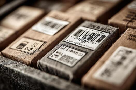 A close up of a box with labels and barcodes photo